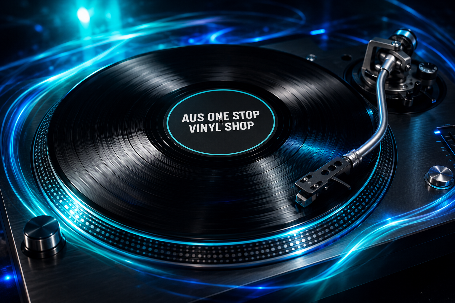 Spinning vinyl record with AUS One Stop Vinyl Shop label