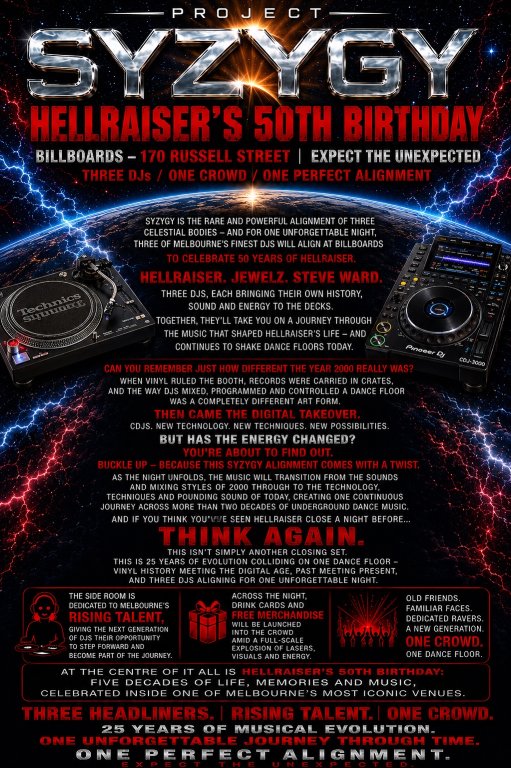 Project SYZYGY detailed event information poster